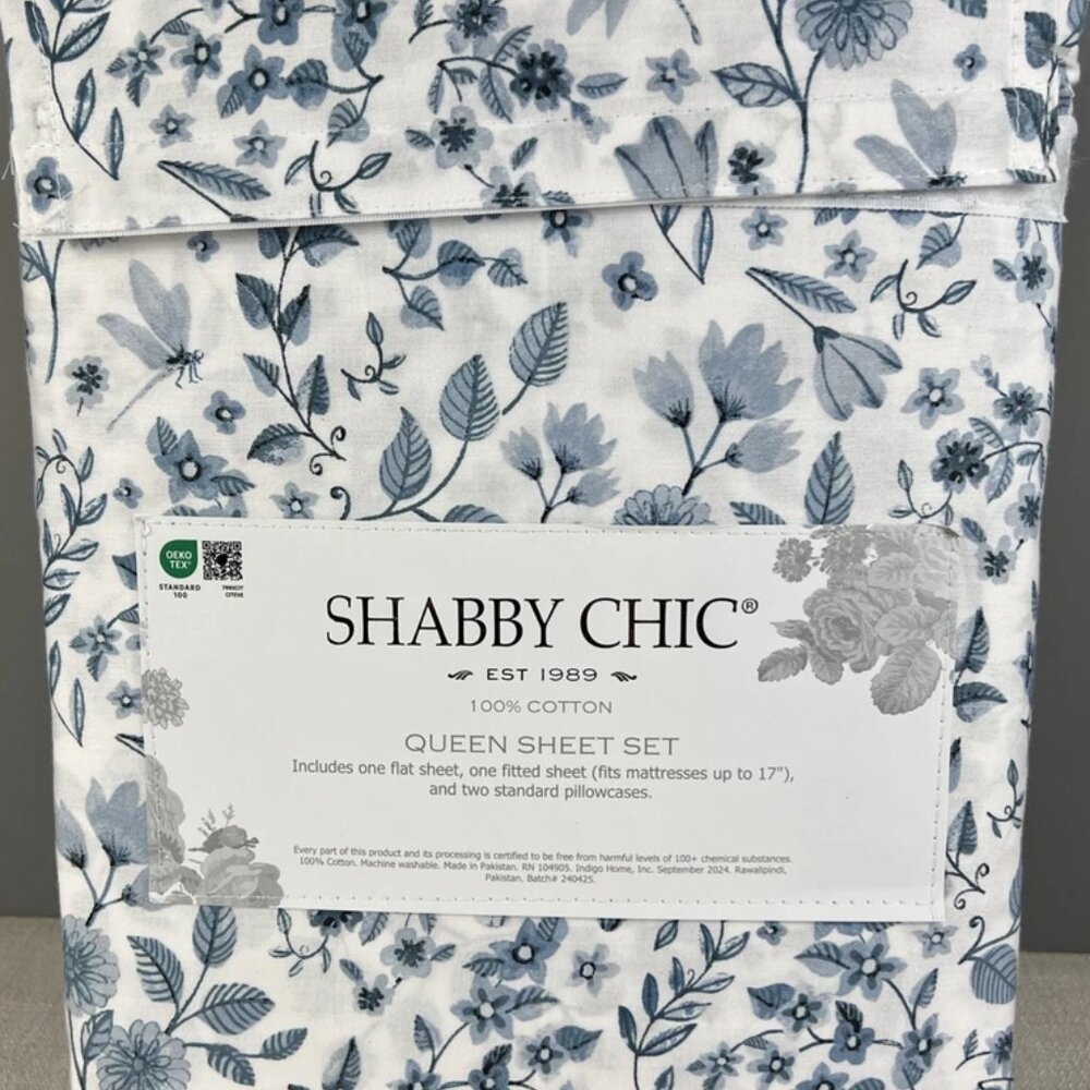 Shabby Chic Queen Sheet Set Floral Blue and White 100% Cotton 4 pc New in Pkg. - Picture 2 of 2